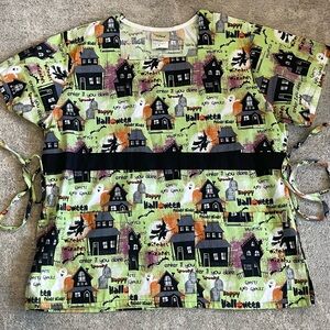 Tafford Lime Green Halloween Print Scrub Top with Black Band